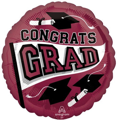 School Spirit Congrats Grad Round, Berry • Standard Size 18" Mylar Helium Balloon