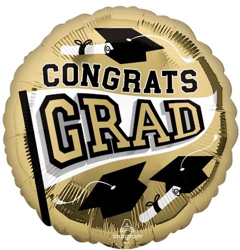 School Spirit Congrats Grad Round, Gold • Standard Size 18" Mylar Helium Balloon