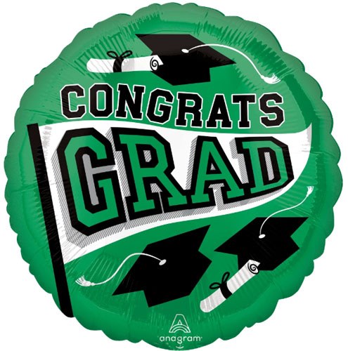 School Spirit Congrats Grad Round, Green • Standard Size 18" Mylar Helium Balloon