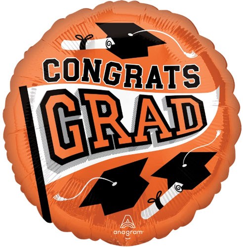 School Spirit Congrats Grad Round, Orange • Standard Size 18" Mylar Helium Balloon