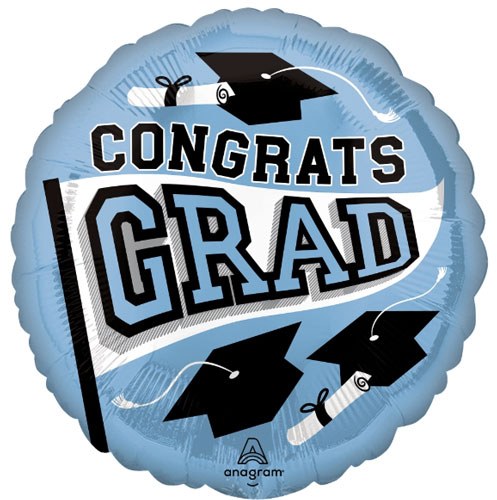 School Spirit Congrats Grad Round, Pale Blue • Standard Size 18" Mylar Helium Balloon