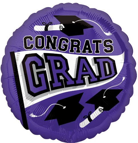 School Spirit Congrats Grad Round, Purple • Standard Size 18" Mylar Helium Balloon