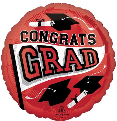 School Spirit Congrats Grad Round, Red • Standard Size 18" Mylar Helium Balloon