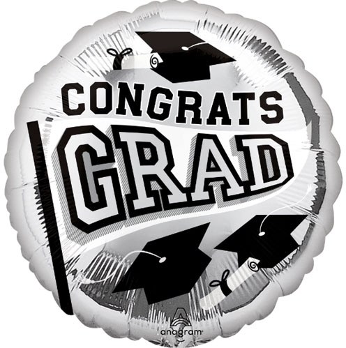 School Spirit Congrats Grad Round, Silver • Standard Size 18" Mylar Helium Balloon