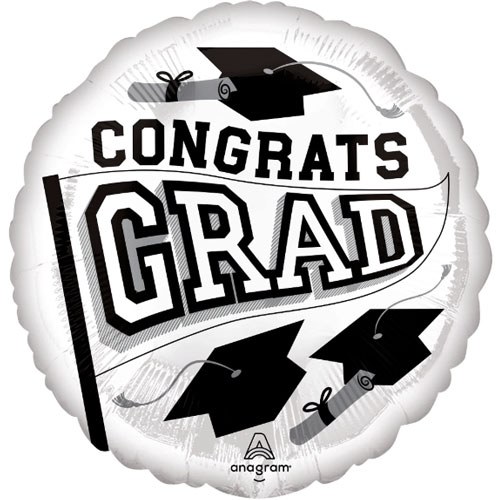 School Spirit Congrats Grad Round, White • Standard Size 18" Mylar Helium Balloon