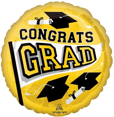School Spirit Congrats Grad Round, Yellow • Standard Size 18" Mylar Helium Balloon