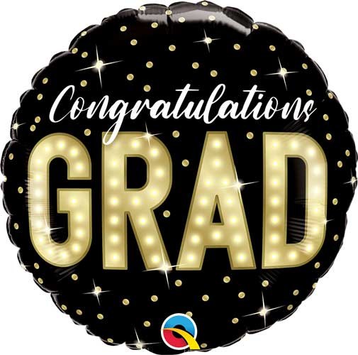 Black/Gold Congratulations Grad Marquee Lights Round • Standard Size 18" Mylar Helium Balloon