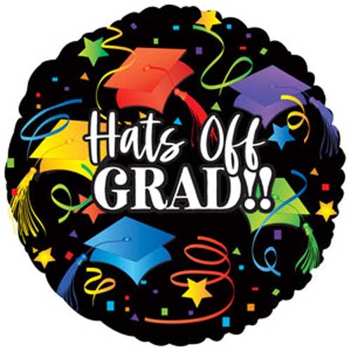 Black/Colorful Hats Off To The Graduate Confetti Round • Standard Size 18" Mylar Helium Balloon