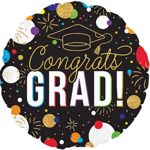 Black &amp; Colorful Dots Congrats Grad Round • Jumbo 31" Mylar Helium Balloon