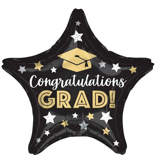 Black/Gold Congrats Grad Star Shape • Standard Size 18" Mylar Helium Balloon