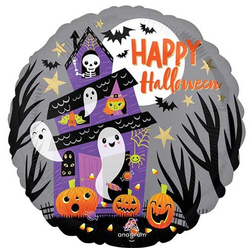Haunted House, Happy Halloween Round • Standard Size 18" Mylar Helium Balloon