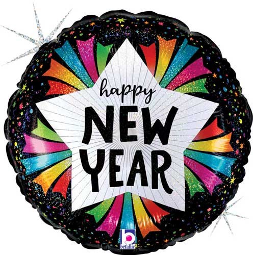 Happy New Year, Star Streamers Holographic • Standard Size 18" Mylar Helium Balloon