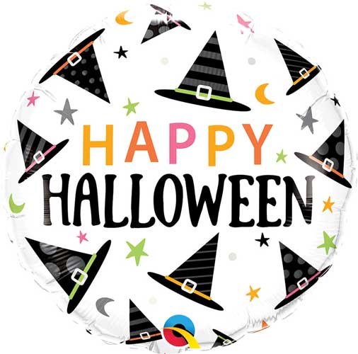 Witch Hats, Happy Halloween Round • Standard Size 18" Mylar Helium Balloon