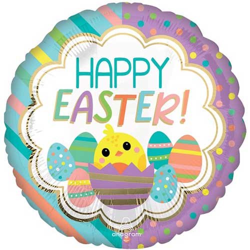 Happy Easter, Stripes &amp; Dots Round Shape • Standard Size 18" Mylar Helium Balloon