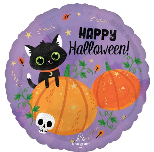 Cat &amp; Pumpkins Round • Standard Size 18" Mylar Helium Balloon