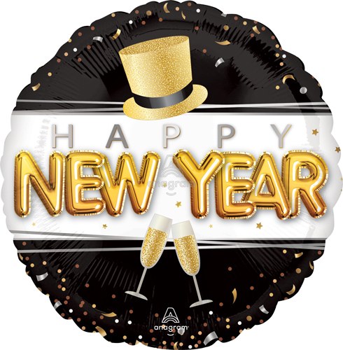 Happy New Year, Top Hat Pop-Fizz-Clink • Standard Size 18" Mylar Helium Balloon