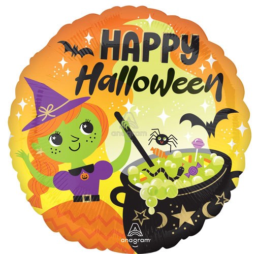 Cute Witch, Happy Halloween Round • Standard Size 18" Mylar Helium Balloon