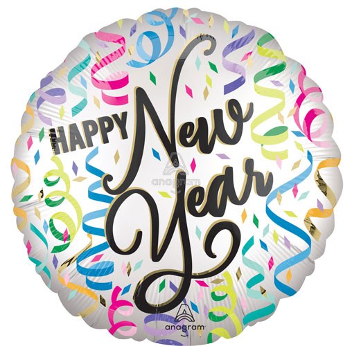 Happy New Year, Neon Satin Confetti • Standard Size 18" Mylar Helium Balloon