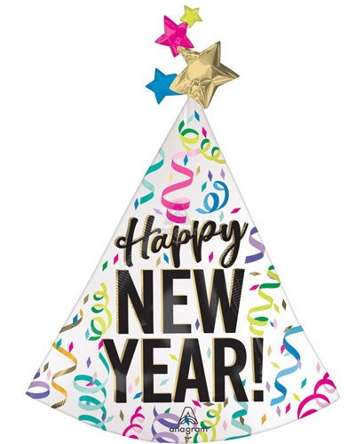 Happy New Year, Neon Satin Confetti Hat • Jumbo 36" Mylar Helium Balloon