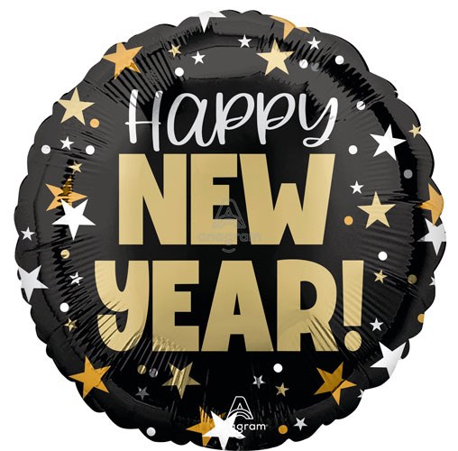 Happy New Year, Bold Stars • Standard Size 18" Mylar Helium Balloon