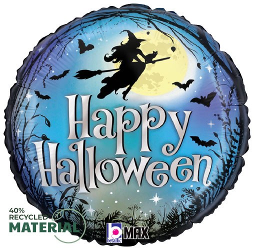 Witch &amp; Moon, Happy Halloween Round • Standard Size 18" Mylar Helium Balloon