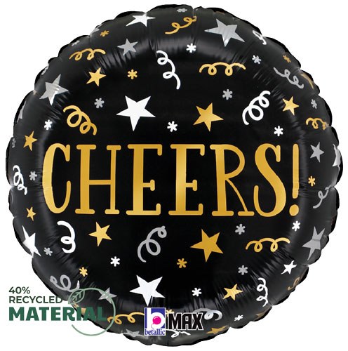 Cheers, Black Confetti • Standard Size 18" Mylar Helium Balloon