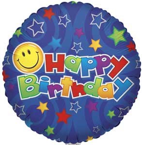 Blue, Smiliey Face Happy Birthday • Standard Size 18" Mylar Helium Balloon