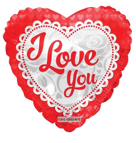 I Love You, Red Heart Shape w/ Lace • Standard 18" Mylar Helium Balloon