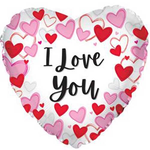 I Love You, White Heart w/ Heart Pattern Border • Standard Size 18" Mylar Helium Balloon