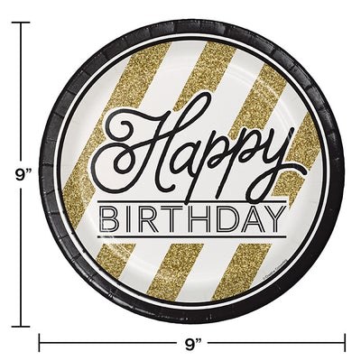 Black &amp; Gold Happy Birthday 9in Plates 8ct