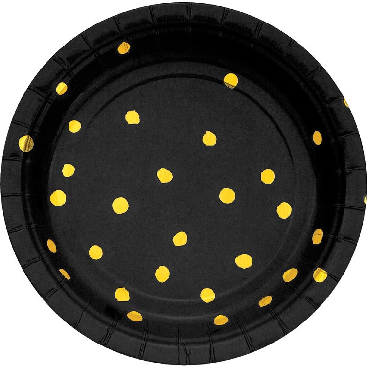 Black/Gold Polka Dot 7in Plate 8ct