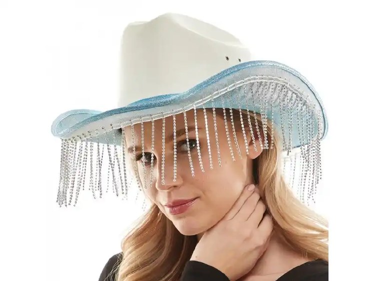 Cowboy Hat Rhinestone WH/BLU