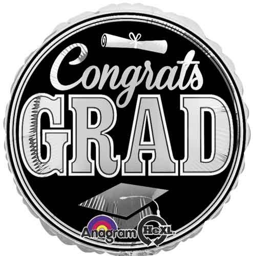 Black/Silver Congrats Grad Round • Jumbo 32" Mylar Helium Balloon
