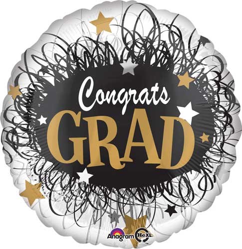 Black/Gold/White Static, Congrats Grad Round • Standard Size 18&quot; Mylar Helium Balloon