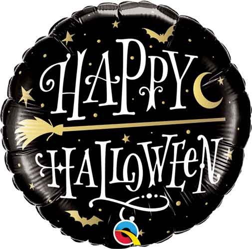 Witch Broom, Happy Halloween Round • Standard Size 18" Mylar Helium Balloon