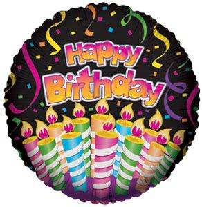 Black, Cake Candles &amp; Streamers, Happy Birthday Round • Standard Size 18&quot; Mylar Helium Balloon