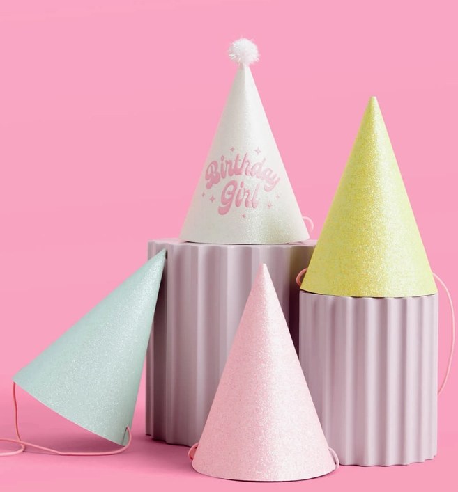 Glitter Cone Hats Assortment • 1 Birthday Girl w/ Pom Pom, 12 Assorted Pastels