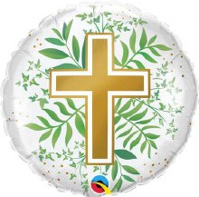 Cross, Greenery Design Round Shape • Standard Size 18" Mylar Helium Balloon