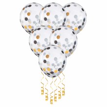 Black, Gold & Silver Confetti • Standard Size 12in. Latex Helium Balloons • Bundle of 6 (ONLY FLOATS 1 DAY)