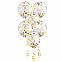 50th Birthday • Clear w/ Gold Confetti Latex Helium Balloons Bundle (ONLY FLOATS THE DAY OF PICK UP)