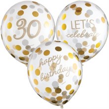 30th Birthday • Clear w/ Gold Confetti Latex Helium Balloons Bundle (ONLY FLOATS THE DAY OF PICK UP)