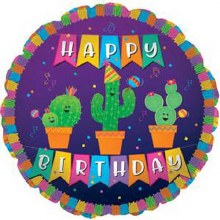Cactus Fiesta, Happy Birthday Round • Standard Size 18" Mylar Helium Balloon