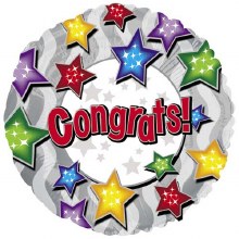 Congrats, Silver w/ Colorful Stars • Standard Size 18in. Mylar Helium Balloon