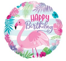 Bird, Flamingo Happy Birthday Round • Standard 18" Mylar Helium Balloon