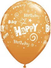 11" Happy Birthday Latex Balloon / Stars & Swirls ~ ORANGE