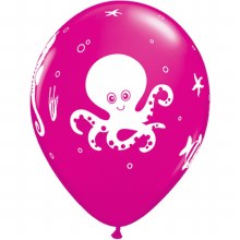 Ocean • Cute Sea Creatures Print, Wild Berry Pink • 11in. Latex Helium Balloon