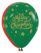 11" Print Latex Helium Balloon, Golden Christmas Script • Red