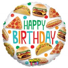 Pizza/Burger/Hot Dog/Taco, Happy Birthday Round • Jumbo 21in. Mylar Helium Balloon