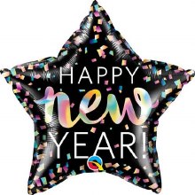 Happy New Year, Black Iridescent Star • Standard Size 18in. Mylar Helium Balloon