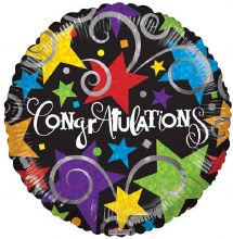 Congratulations, Black w/ Colorful Stars • Standard Size 18in. Mylar Helium Balloon